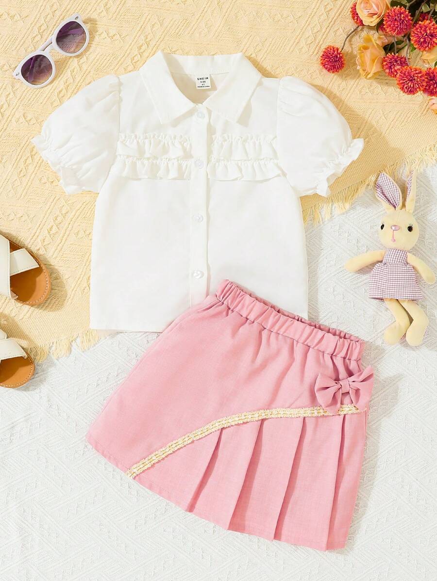 Blusa de manga abullonada y vestido con falda plisada para niñas jóvenes - Multicolor - Ver 1