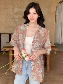 DAZY 女士随机印花简约短袖日常衬衫度假穿搭女式花卉图案 - 咖啡棕 - 查看 6