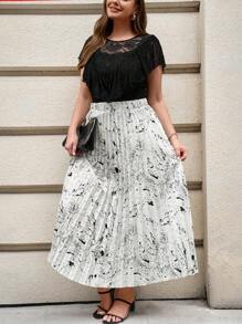 SHEIN Clasi 夏季優雅長裙，黑色褶皺收腰設計，黑白墨點圖案並有精美蕾絲邊緣 - 黑與白 - 查看 3