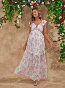 Joyfunear Maternity Vacation Casual Backless Long Floral Dress With Ruffle Hem And Tie-Up Details
