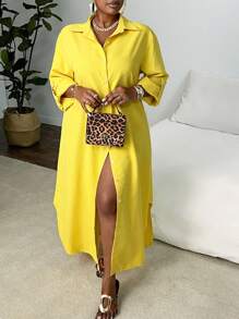 Slaydiva 大码优雅休闲夏季/秋季黄色衬衫式连衣裙，正面带纽扣-Z - 黃色 - 查看 2