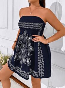 SHEIN Clasi Đầm dự tiệc mùa hè in họa tiết Boho cỡ lớn không dây - Màu xanh hải quân - Xem 4