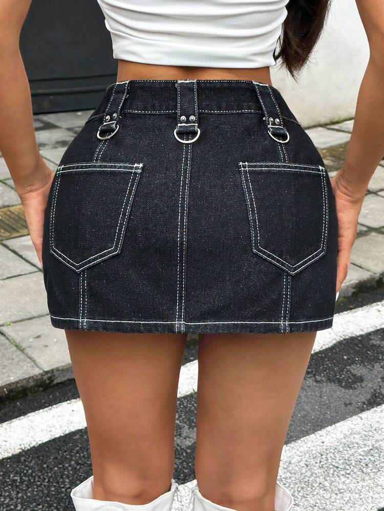 Women's Workwear Denim Skirt With Pocket And Contrast Stitching Design