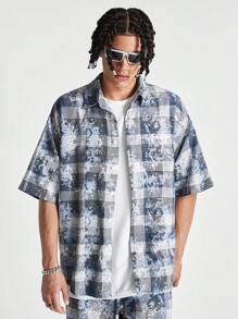 Manfinity NXTstreet Men's Loose Short Sleeve Plaid Shirt, Suitable For Summer - Blue - View 6