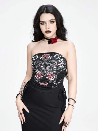 Goth Printed Rhinestone Bandeau Top With Drawstring For Women