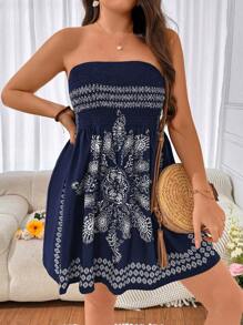 SHEIN Clasi Đầm dự tiệc mùa hè in họa tiết Boho cỡ lớn không dây - Màu xanh hải quân - Xem 3