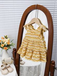 2023 Casual Comfortable Cute Fashionable Texture Colorful Plaid & Printed Spaghetti Strap V-Neck Layered Cake Dress For Baby Girls - Multicolor - View 2