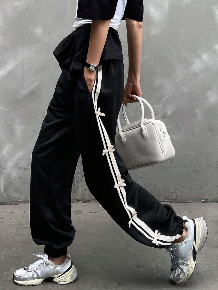 Pantalon ample de style harem avec taille élastique décoré d'un nœud en ruban tissé, pantalon de jogging ample pour femmes, pantalon de survêtement d'automne