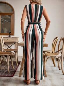 Color Block Striped Sleeveless Jumpsuit For Leisure Vacation - Army Green - View 2