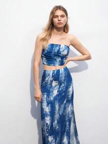 Maija 女士隨機印花無肩帶上衣和簡約A字裙套裝，日常穿著 - 藍白色 - 查看 4