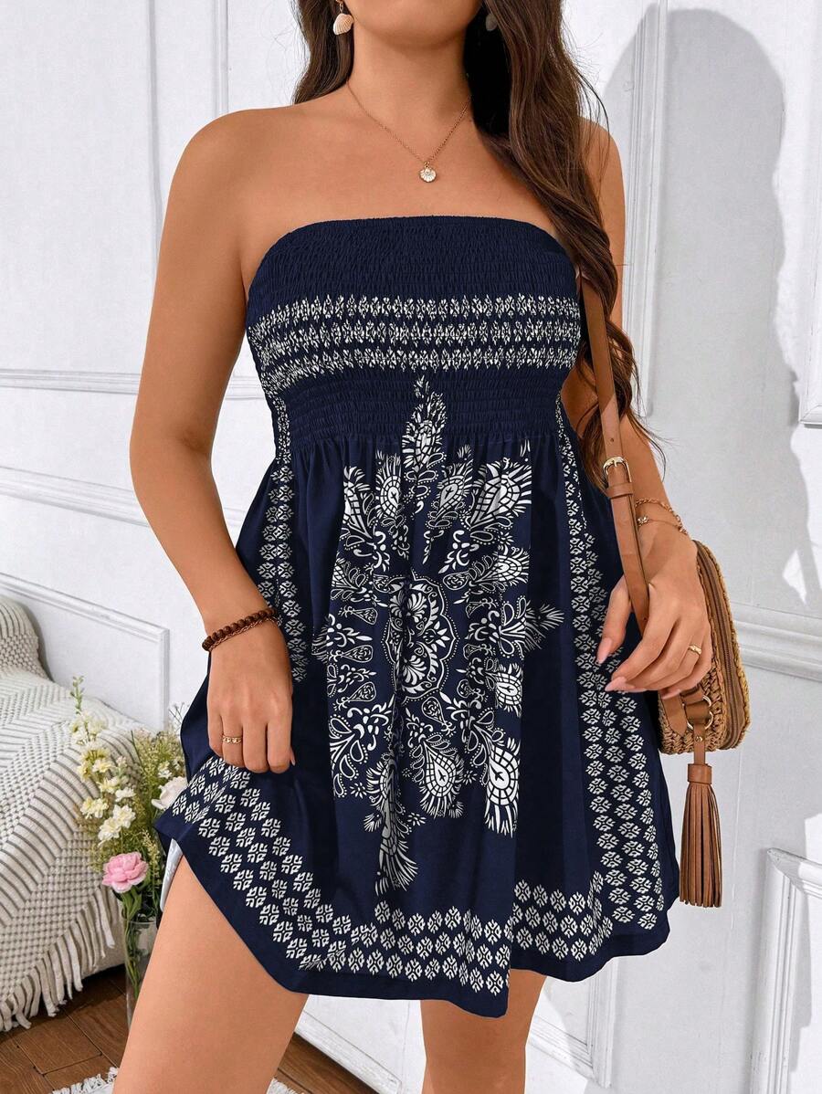 SHEIN Clasi Đầm dự tiệc mùa hè in họa tiết Boho cỡ lớn không dây - Màu xanh hải quân - Xem 1