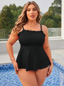 Swim Lushoire Ensemble Tankini avec bretelles spaghetti unicolore grande taille pour plage d'été avec culottes de triangle imprimées