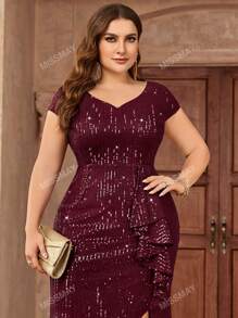 Vestido de fiesta largo con escote de corazón, todo forrado de lentejuelas, con volantes y abertura, vestido de invitada de boda, vestido de noche formal