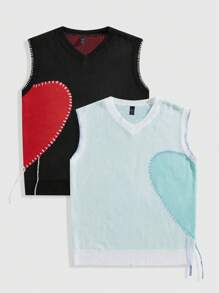ROMWE MEN Men's Sleeveless Heart Patterned Simple Casual Sweater - Black - View 1