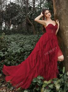 Faeriesty Mesh Overlay Hem Split Thigh Tube Formal Dress Party Dress Wedding Guest Dress Evening Dress,Gown