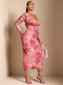 SHEIN BAE 大碼浪漫約會度假蕾絲復古花卉圖案印花網眼束腰中長貼身連衣裙 - 粉色 - 查看 4