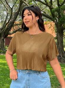 SHEIN EZwear Plus Size Women's Summer Solid Color Round Neck Short Sleeve T-Shirt With Frill Trim - Brown - View 5