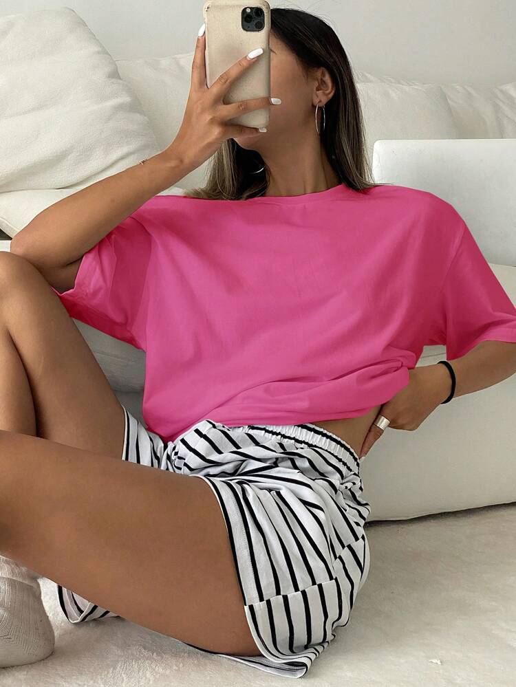 Women's Simple Loose T-Shirt And Striped Shorts Combination Home Clothing Set, Outfits Pajama