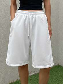 DAZY Shorts décontractés pour femmes, couleur unie, taille élastique avec cordon de serrage pour l'été - Blanc - Voir 5