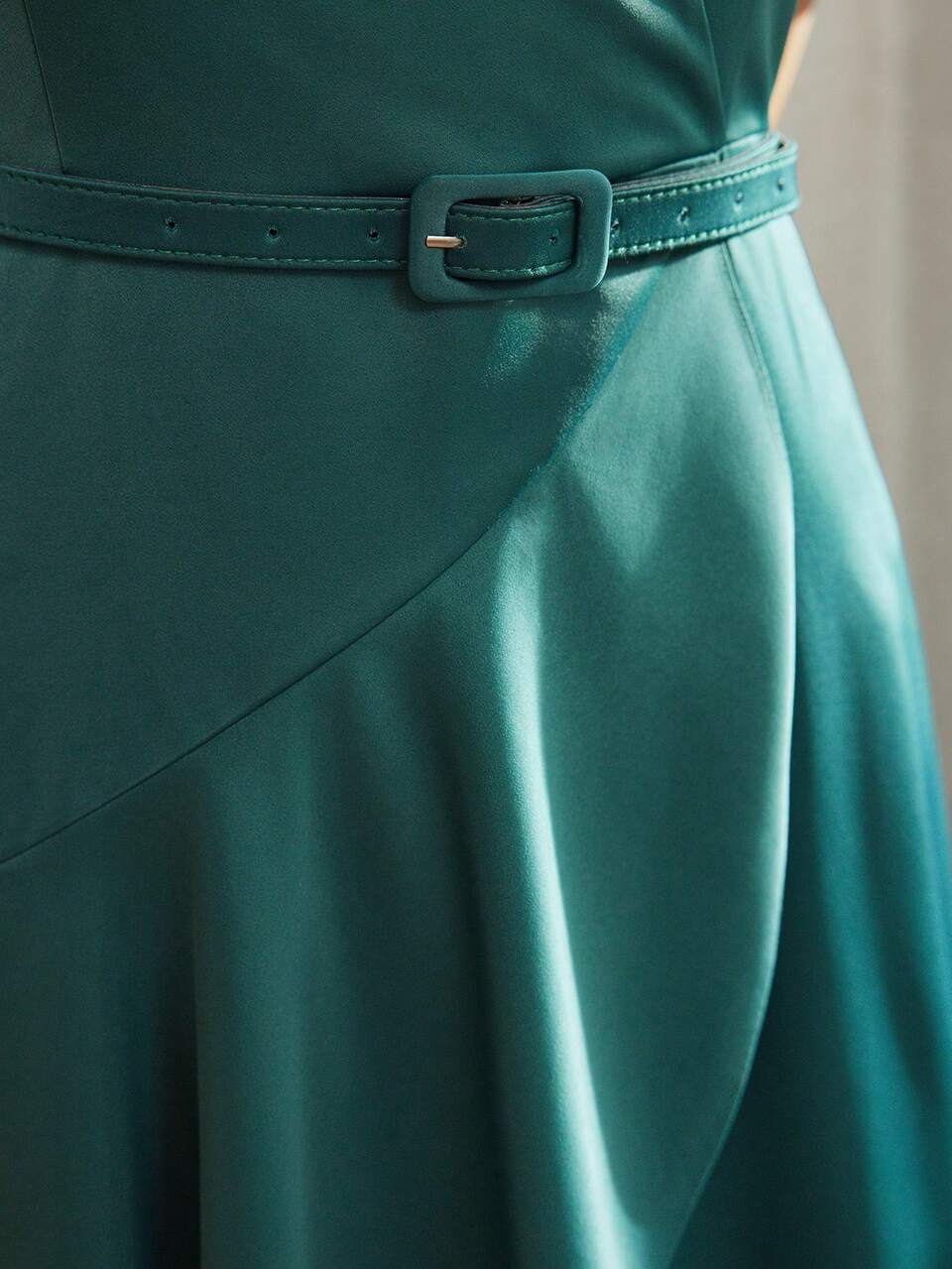 MOTF Classy SOLID SURPLICE NECK FLUTTER SLEEVE WRAP HEM BUCKLE BELTED DRESS