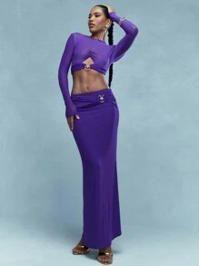 MISSGUIDED Metal Detail Sheer Cut Out Long Sleeve Crop Top And Flared Skirt Co-Ord Set