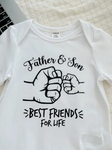 SHEIN 父親節嬰兒男女家庭裝，字母印花柔軟針織短袖連身衣