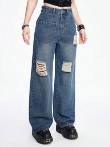ROMWE Grunge Punk Star Wing Vine Embroidered Rhinestone Wide Leg Jeans For Women - Blue - View 6