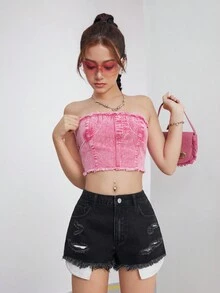 SHEIN กางเกงยีนส์ขาสั้นสีดำ Y2K ขาดสำหรับวัยรุ่นหญิง, กางเกงยีนส์ขาสั้นฮิปสเตอร์ขาดสำหรับฤดูร้อน - สีดำ - ดู 7