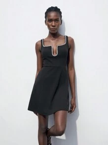 Maija Đầm nữ cổ chữ V sâu màu đen có dây chuyền màu đen, trang phục sinh nhật - màu đen - Xem 4