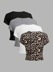 SHEIN EZwear 4入組女士夏季短袖修身T恤，豹紋和純色款，圓領設計 - 彩色 - 查看 2
