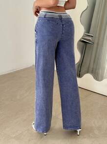 SHEIN ICON Pantalones largos con efecto de mezclilla de tiro bajo, con atar en la cintura - Celeste - Ver 2