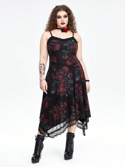 Goth Vestido de tirantes de malla con estampado de rosas total y bajo asimétrico para mujer de talla grande