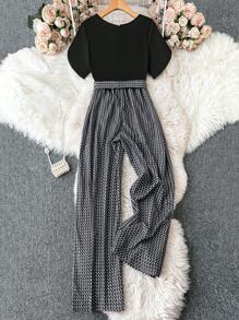 SHEIN LUNE Mujer de talla grande Mono corto de manga corta con cuello redondo estampado geométrico y diseño de pierna ancha para verano
