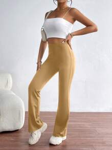 SHEIN Essnce 女士純色簡約風休閒打底褲，適用於日常穿著 - 卡其色 - 查看 4