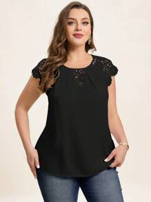Reflora 大码女式夏季纯色圆领撞色蕾丝优雅盖袖衬衫，商务休闲女装 - 黑色 - 查看 5