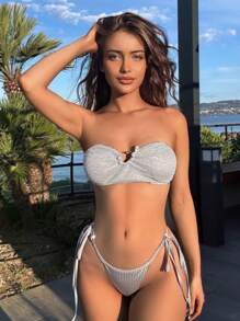 SHEIN Swim Conjunto de bikini de unicolor con escote halter y tanga sexy para mujeres, perfecto para vacaciones de verano