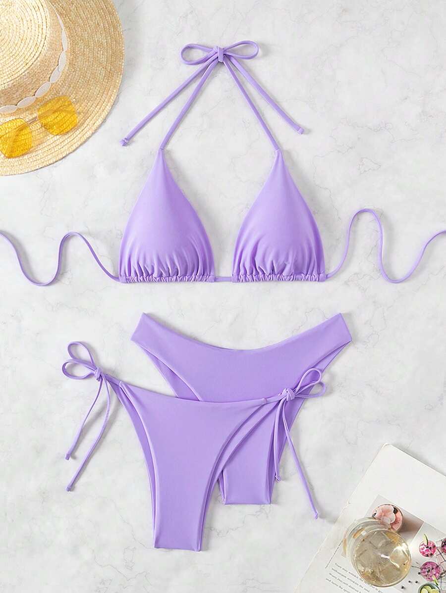 Swim Basics Women's Solid Color Halter Halter Sexy Bikini Set With Separated Bikini Set Top, Bottom And Cover-Up, Summer Beachwear 3pcs - Mauve Purple - View 1