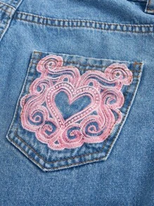 SHEIN MOD Women's Casual Sweet Pink Embroidered Denim Shorts, Tea Blue - Medium Wash - View 3