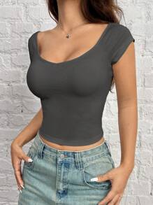 SHEIN EZwear 灰色針織修身短袖T卹女裝，大圓領，夏季 - 灰色 - 查看 4