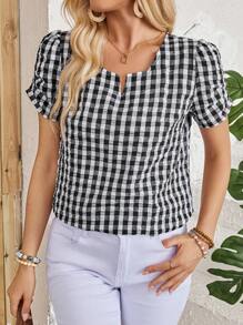 EMERY ROSE Blusa de mujer de verano con cuello con escote y mangas cortas a cuadros - Blanco y Negro - Ver 3