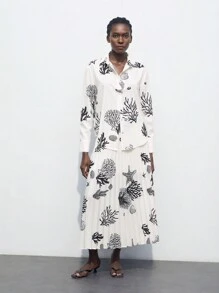 Maija Women's Ocean Themed B&W Graphic Print Pleated Midi Skirt