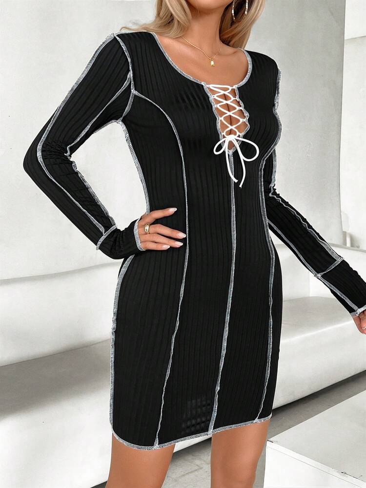 Women's Fashion Solid Color Hollow Out Long Sleeve Dress Fall Cloth For Women