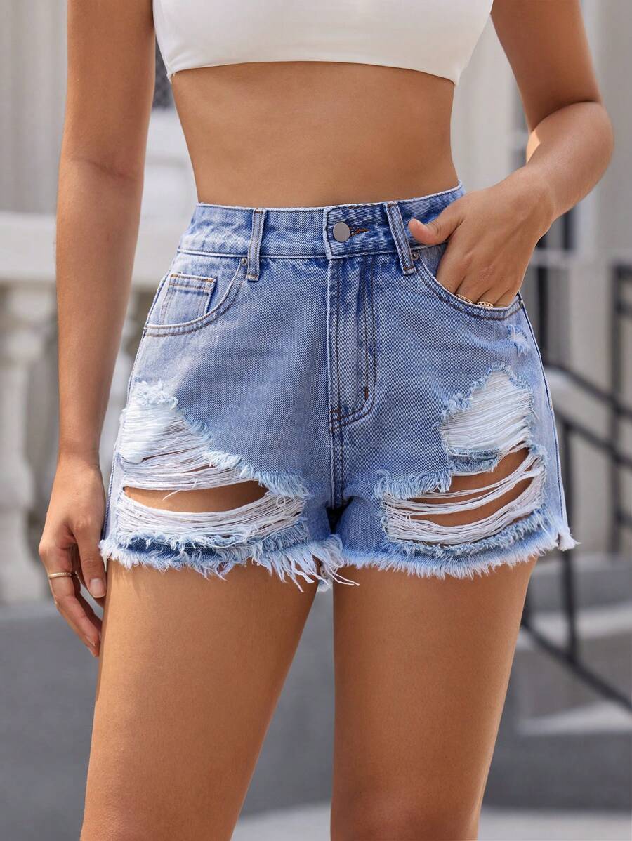 SHEIN Essnce 女性休閒破洞牛仔短褲,側口撕裂口袋和鬆散翻邊褶邊設計 - 淺色水洗藍 - 查看 1