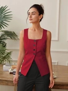 Women Short Sleeve Square Neck Button Slit Fitted Casual Loose Comfortable Camisole Tops, Old Money Crop Tops, Backless Business Casual Tops, Spring/Summer - Burgundy - View 1