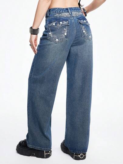 Grunge Punk Jean à jambe large pour femmes, brodé de vigne à ailes d'étoile et avec strass