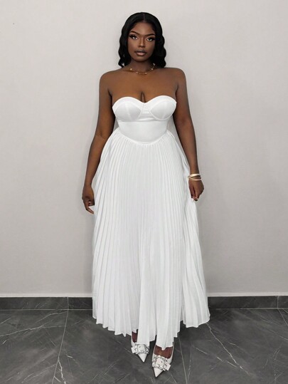 Slaydiva Elegant Bust-Hugging Strapless Sleeveless Pleated White Satin Long Dress For Women Wedding Women Dresses