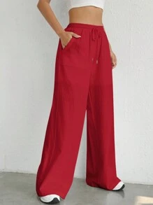 SHEIN EZwear Women's Simple Solid Color Woven Casual Pants For Daily Wear - Red - View 5