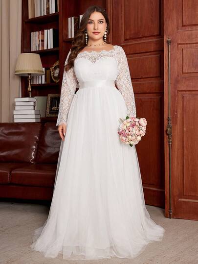 UNITHORSE Plus Size Women Lace Contrast Color Mesh Long Sleeve Dress, Party Dress, Wedding Dress, Bridal Dress, All White Party Outfit