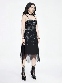 ROMWE Goth Sexy Women's Gothic Vampire Sequin Embroidery Asymmetrical Hem Party Cami Dress