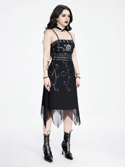 Sexy Women's Gothic Vampire Sequin Embroidery Asymmetrical Hem Party Cami Dress